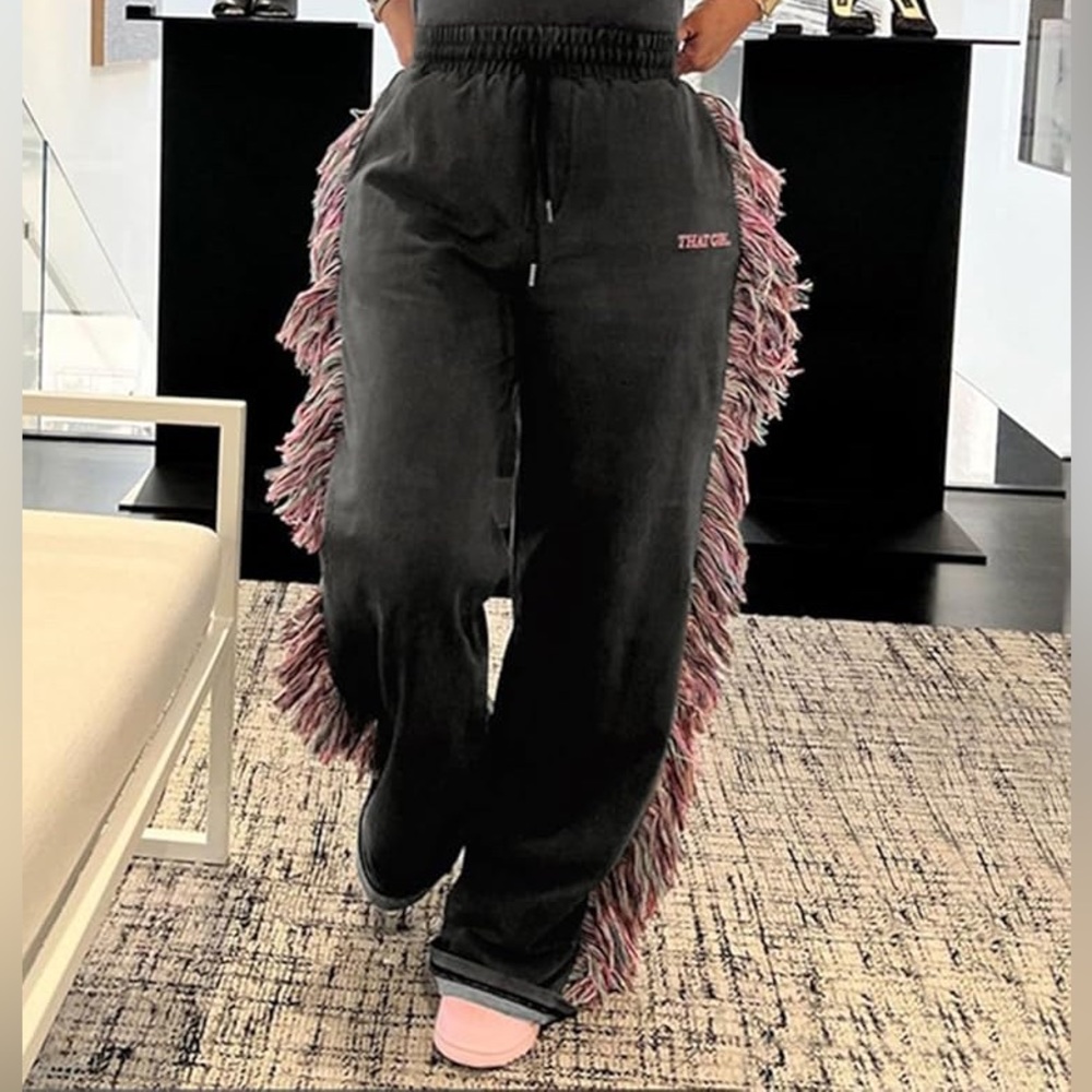 Track Cowgirl Black Track Pants with Pink Fringe